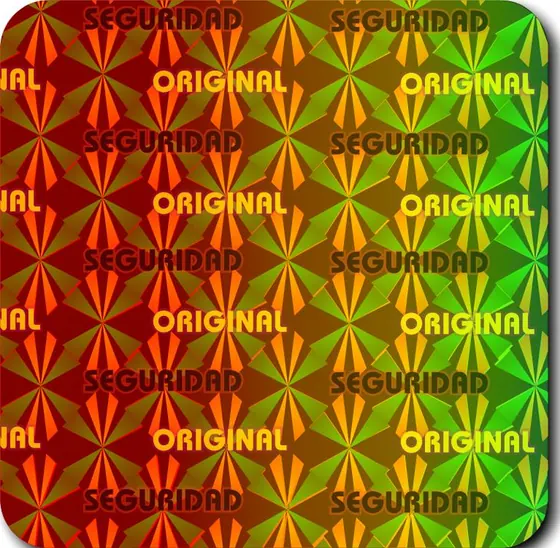 Lámina holográfica que repite las palabras SEGURIDAD y ORIGINAL y cambia de color con la luz.